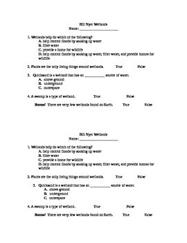 Preview of Bill Nye Wetlands 4 Question Quiz and Answers