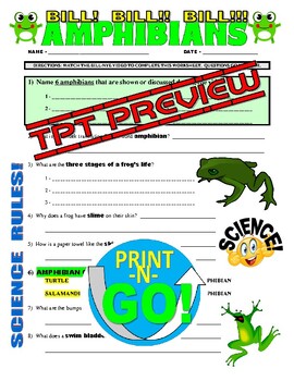 Preview of Bill Nye the Science Guy : AMPHIBIANS (animal / ecosystem video worksheet / Sub)