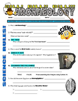 Preview of Bill Nye the Science Guy : ARCHAEOLOGY (history / culture video worksheet / Sub)