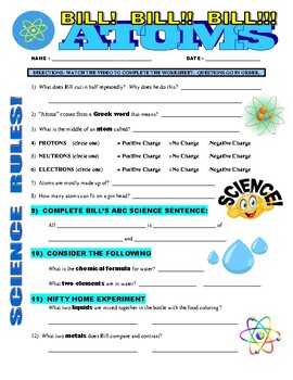 Preview of Bill Nye the Science Guy : ATOMS (matter / molecules video worksheet / SUB)