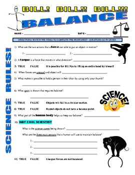 Preview of Bill Nye the Science Guy : BALANCE (forces & motion video worksheet / sub)