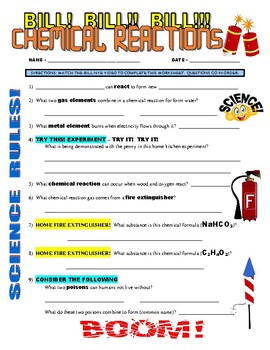 Preview of Bill Nye the Science Guy : CHEMICAL REACTIONS (physical science video worksheet)