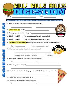 Preview of Bill Nye the Science Guy : DIGESTION (human body video worksheet / sub plans)