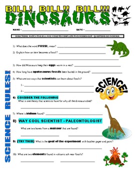 Bill Nye the Science Guy : DINOSAURS (video worksheet / sub plans / no ...