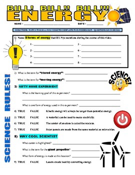 Preview of Bill Nye the Science Guy : ENERGY (physical science video worksheet / sub)