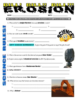 Preview of Bill Nye the Science Guy : EROSION (Earth Science video worksheet / sub plan)