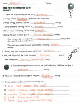 Preview of Bill Nye the Science Guy - Energy Handout