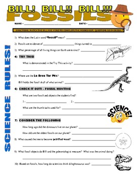 Preview of Bill Nye the Science Guy : FOSSILS (dinosaurs / video worksheet / no prep / sub)