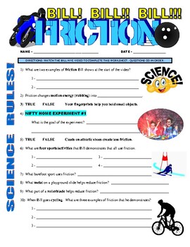 Preview of Bill Nye the Science Guy : FRICTION (forces & motion video worksheet / sub)