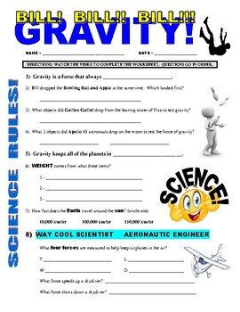 Preview of Bill Nye the Science Guy : GRAVITY  (forces & motion video worksheet / sub)