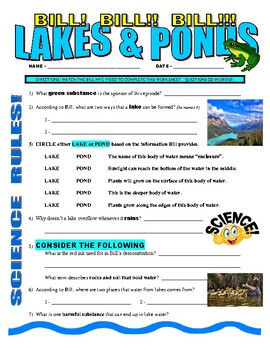 Preview of Bill Nye the Science Guy : LAKES AND PONDS (ecosystem video worksheet / sub)
