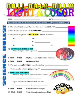 Preview of Bill Nye the Science Guy : LIGHT AND COLOR (video sheet / sub plan / no prep)