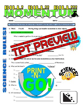 Preview of Bill Nye the Science Guy : MOMENTUM (forces & motion video worksheet / SUB)