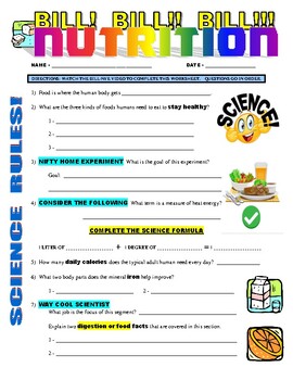Preview of Bill Nye the Science Guy : NUTRITION (health video worksheet and food chart)