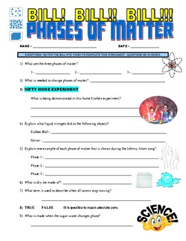 Preview of Bill Nye the Science Guy : PHASES OF MATTER (video worksheet / sub plans)