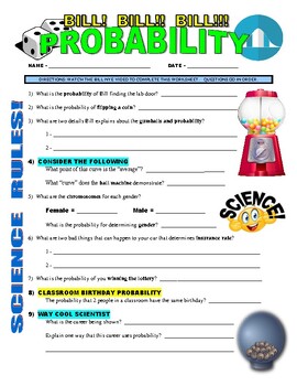 Preview of Bill Nye the Science Guy : PROBABILITY (STEM / math video worksheet / sub)