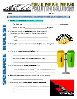 Preview of Bill Nye the Science Guy : POLLUTION SOLUTION (video worksheet) / Earth Day