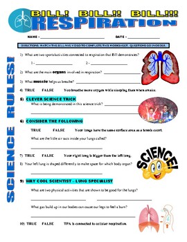 Preview of Bill Nye the Science Guy : RESPIRATION (health / human body video worksheet)