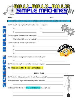 Preview of Bill Nye the Science Guy : SIMPLE MACHINES (STEM video worksheet / sub plans)
