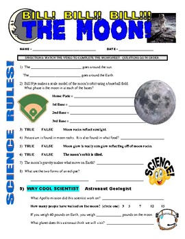 Preview of Bill Nye the Science Guy : MOON (space / planets video worksheet / sub plan)