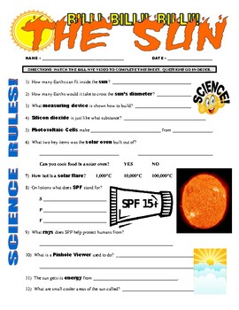 Preview of Bill Nye the Science Guy : SUN (space / planets video worksheet / sub plans)