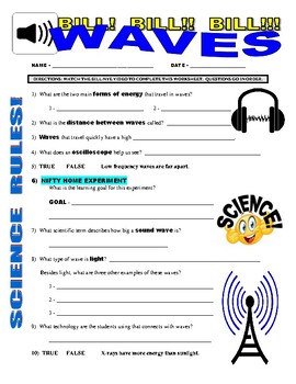 Preview of Bill Nye the Science Guy : WAVES (sound energy video sheet / sub / printable)