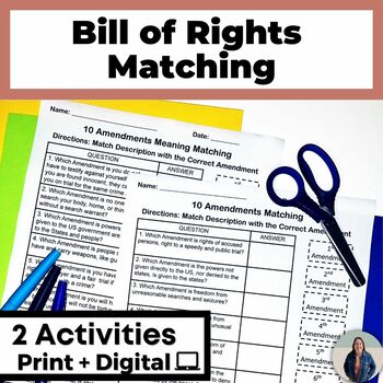 Preview of Bill of Rights 10 Amendments Matching Activity for Government and US History