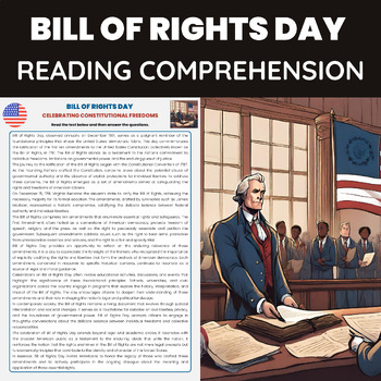Preview of Bill of Rights Day Reading Worksheet | Ten Amendments of the US Constitution