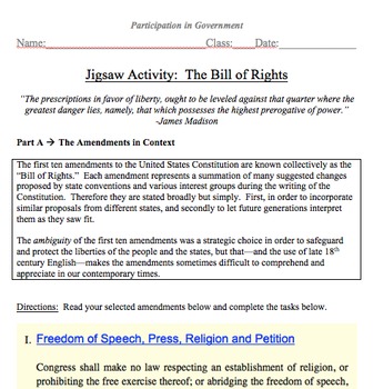 Preview of Bill of Rights Jigsaw Activity