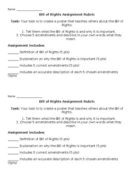 Preview of Bill of Rights Project Rubric