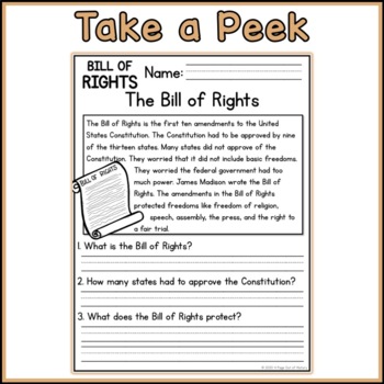 Bill Of Rights Reading Comprehension Passages K 2 Distance Learning