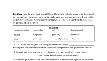 Preview of Bill of Rights Test (with Study Guide and Answer Key)