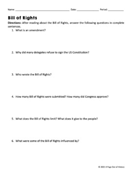 Bill of Rights US Constitution Reading Worksheets and Answer Keys