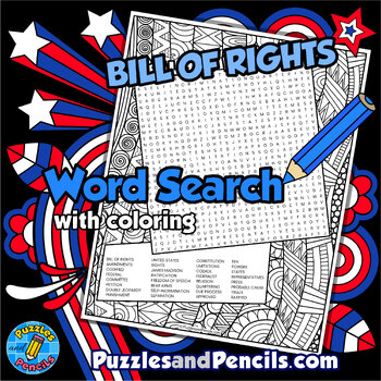 Preview of Bill of Rights Word Search Puzzle Activity with Coloring | US History Wordsearch