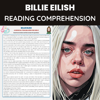 Preview of Billie Eilish Reading Comprehension Worksheet | Pop Music Gen Z