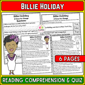 Preview of Billie Holiday Nonfiction Reading & Quiz | Black History Month Activity, BHM