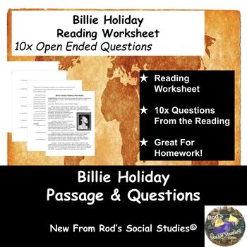 Preview of Billie Holiday Reading Worksheet **Editable**