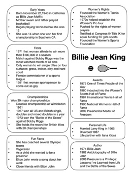 Preview of Billie Jean King - Information / Fact Sheet