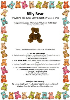Preview of EYLF 'Billy Bear' Travelling Teddy for Early Education Classrooms