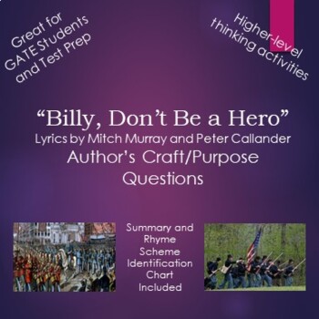 Preview of Billy, Don't Be a Hero Song Lyric Author's Craft/Purpose Questions