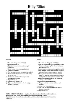 Billy Elliot (Film) Crossword Puzzle by M Walsh TPT