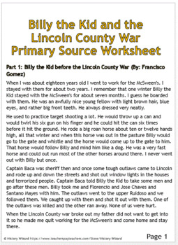 Preview of Billy the Kid and the Lincoln County War Primary Source Worksheet