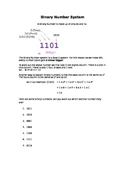 Preview of Binary and Hexadecimal Number Systems Worksheet