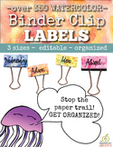 Binder Clip Labels:  Watercolor Theme (Editable)