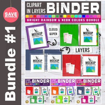 Preview of Binder Clipart in Layers Mockups Movable School Supplies Bold Bright Neon Bundle