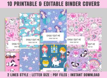 Preview of Binder Cover For Girls, 10 Printable & Editable Binder Covers and Spines
