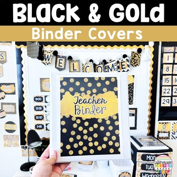 Preview of Editable Binder Covers and Spines Template- Black and Gold Classroom Decor Glam
