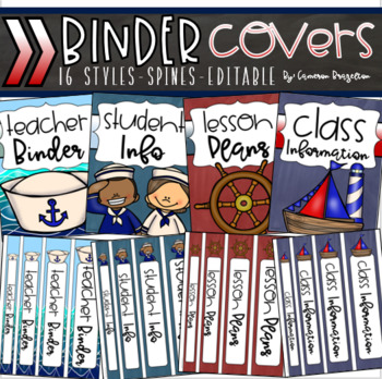 Preview of Binder Covers and Spines Teacher Planner Editable Nautical Sailing Sailor Theme