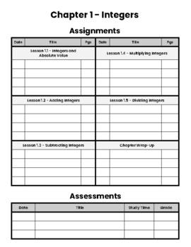 Preview of Binder Tracker Sheet - Gr. 7 Big Ideas Math (2015 CA version) - Chapter 1