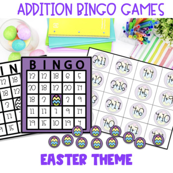 Preview of Bingo:Addition 1-20 Easter Math Game Activity 1st, 2nd, 3rd, 4th Grade